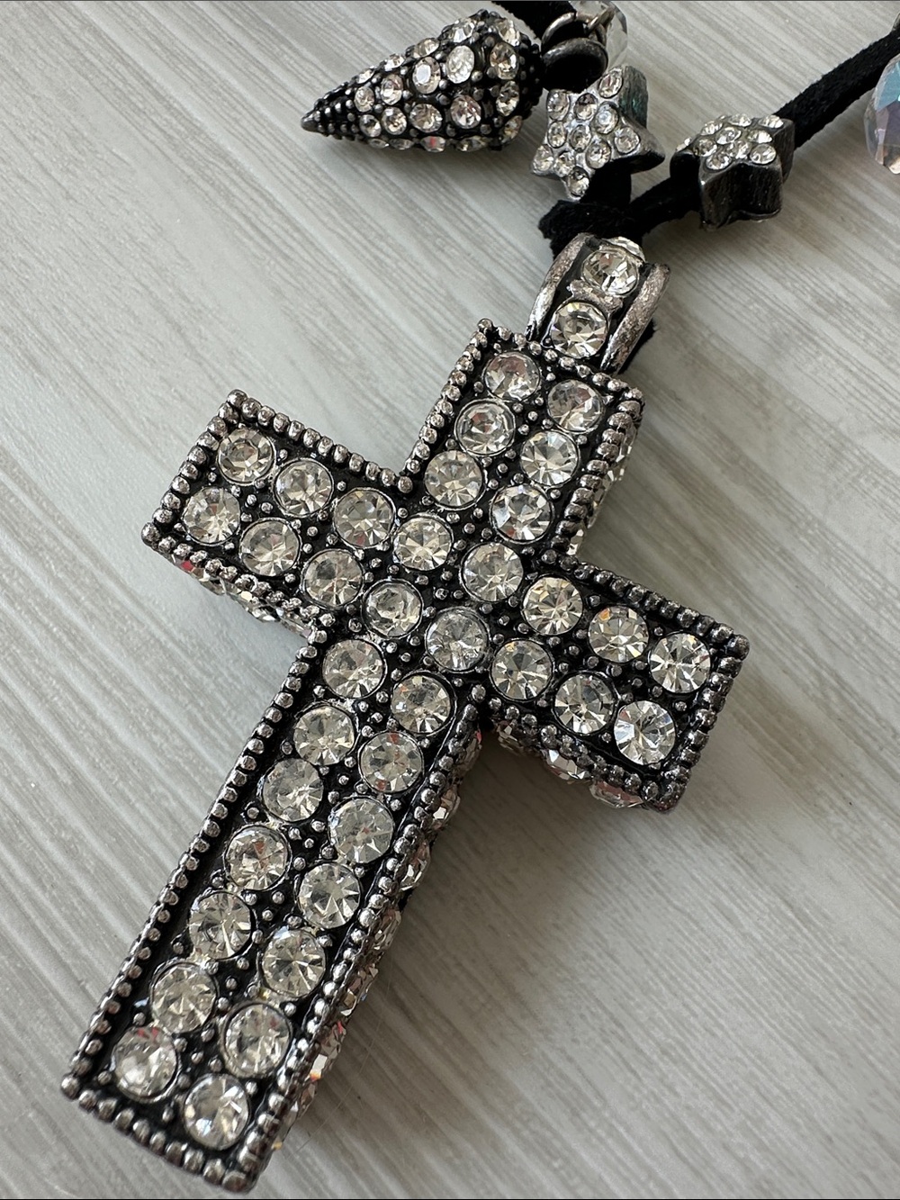 Crystal Cross Pendant Necklace in Black with Rhinestone Accents